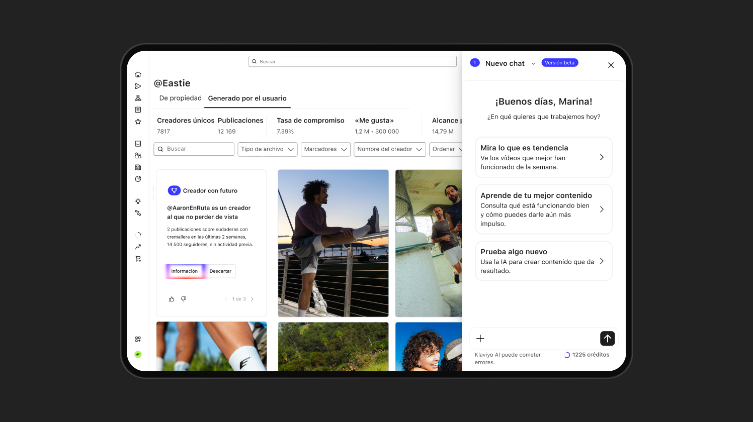 A digital interface showing a content creator dashboard with metrics and images, alongside an AI chat assistant offering content suggestions.