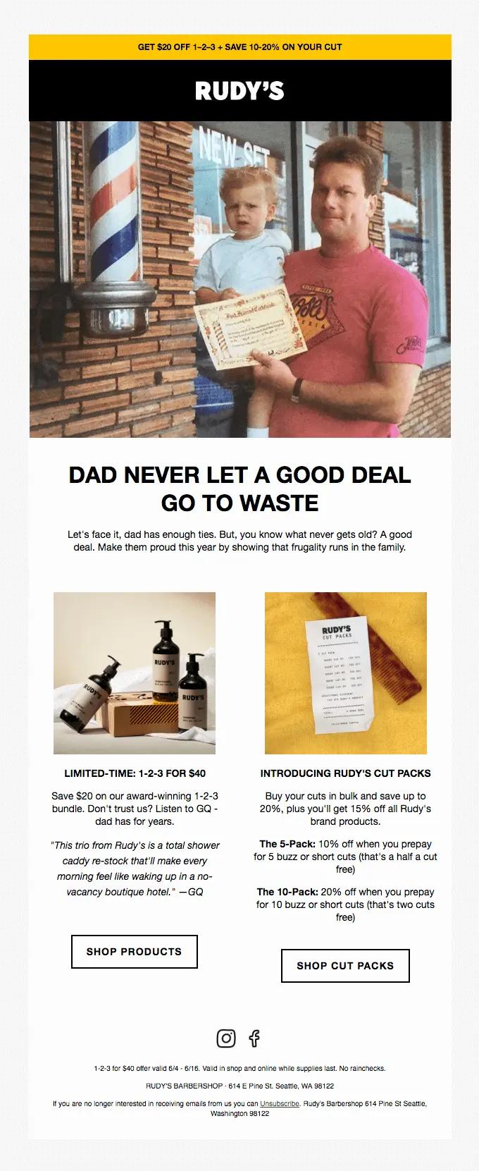 Image shows an email from Rudy’s with two different CTAs, depending on whether the recipient is looking for a tangible product (“Shop products”) or an intangible service (“Shop cut packs”).