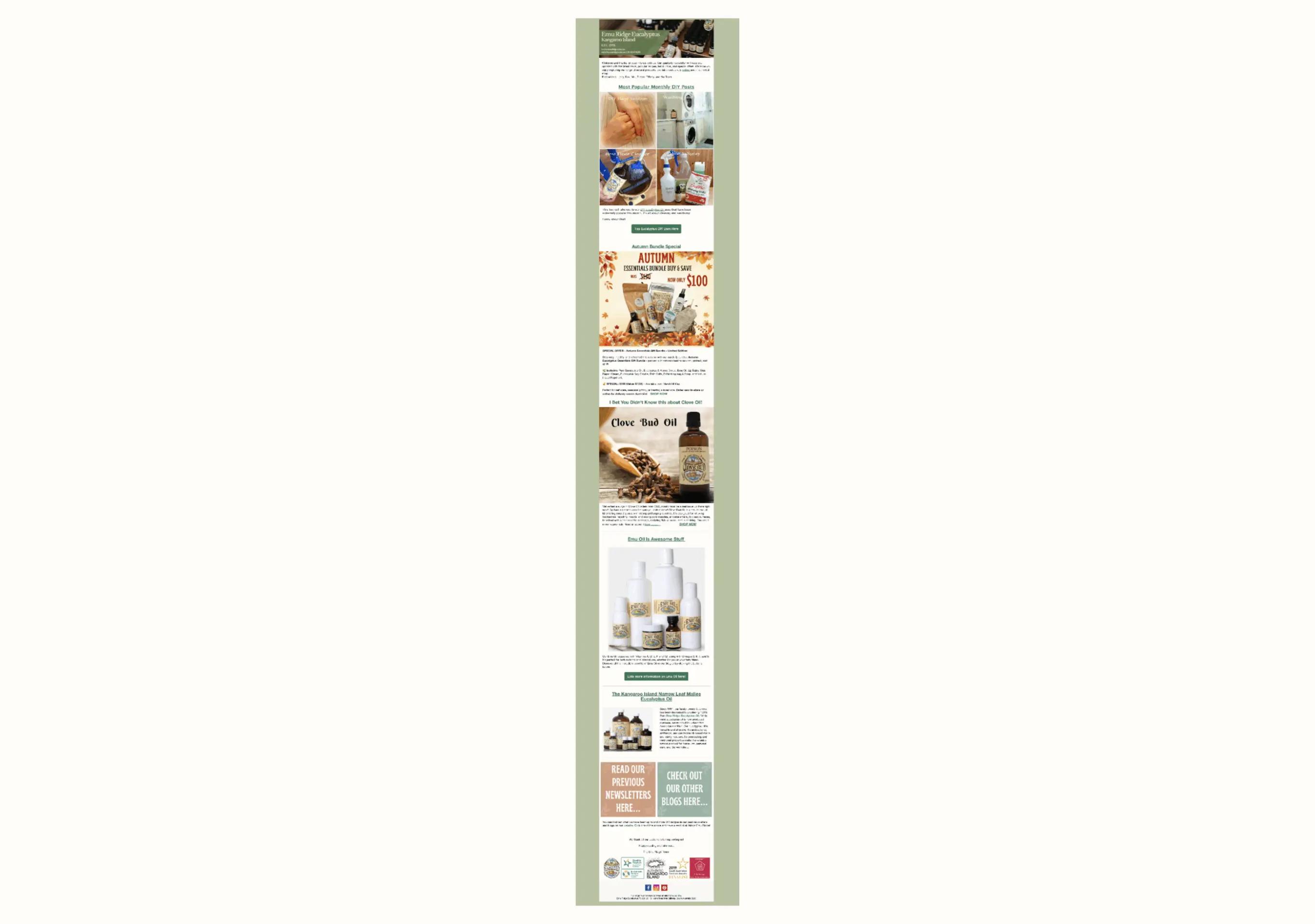 Newsletter von Emu Ridge mit Angeboten und Produkten wie Clove Bud Oil und Emu Oil. Enthält Bilder und Text zu verschiedenen Artikeln.