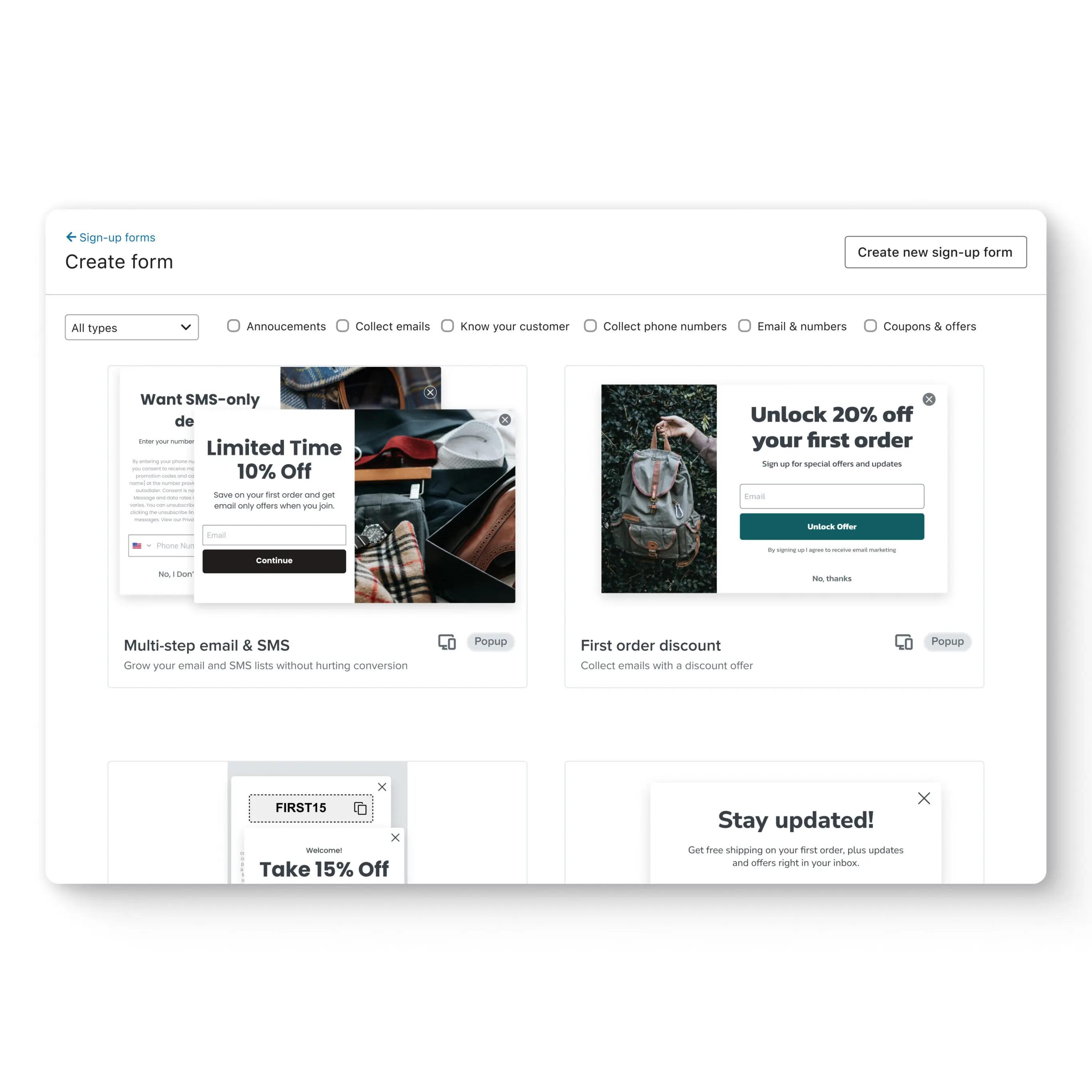 Klaviyo form library with a few templates (multi-step email and SMS, first order discount), and various filters (announcements, coupons, etc.)