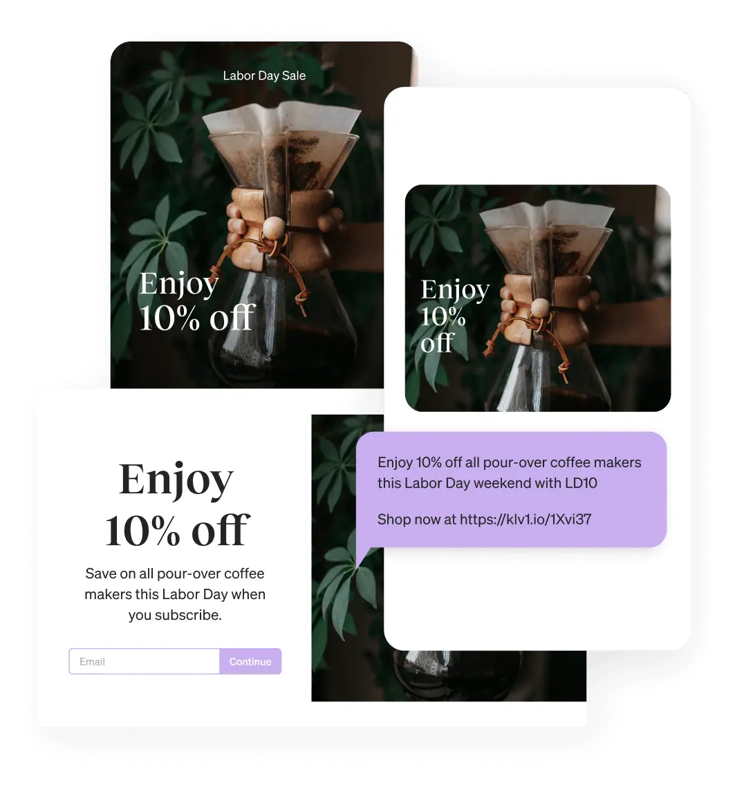 A marketing text message offering a 10% discount on pour-over coffee makers for Labor Day