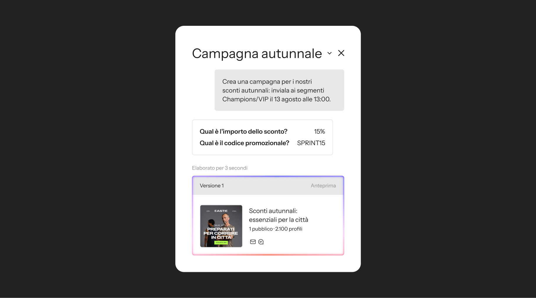 A marketing campaign creation interface for an "Autumn campaign" with a 15% discount, promo code SPRINT15, and a content preview.