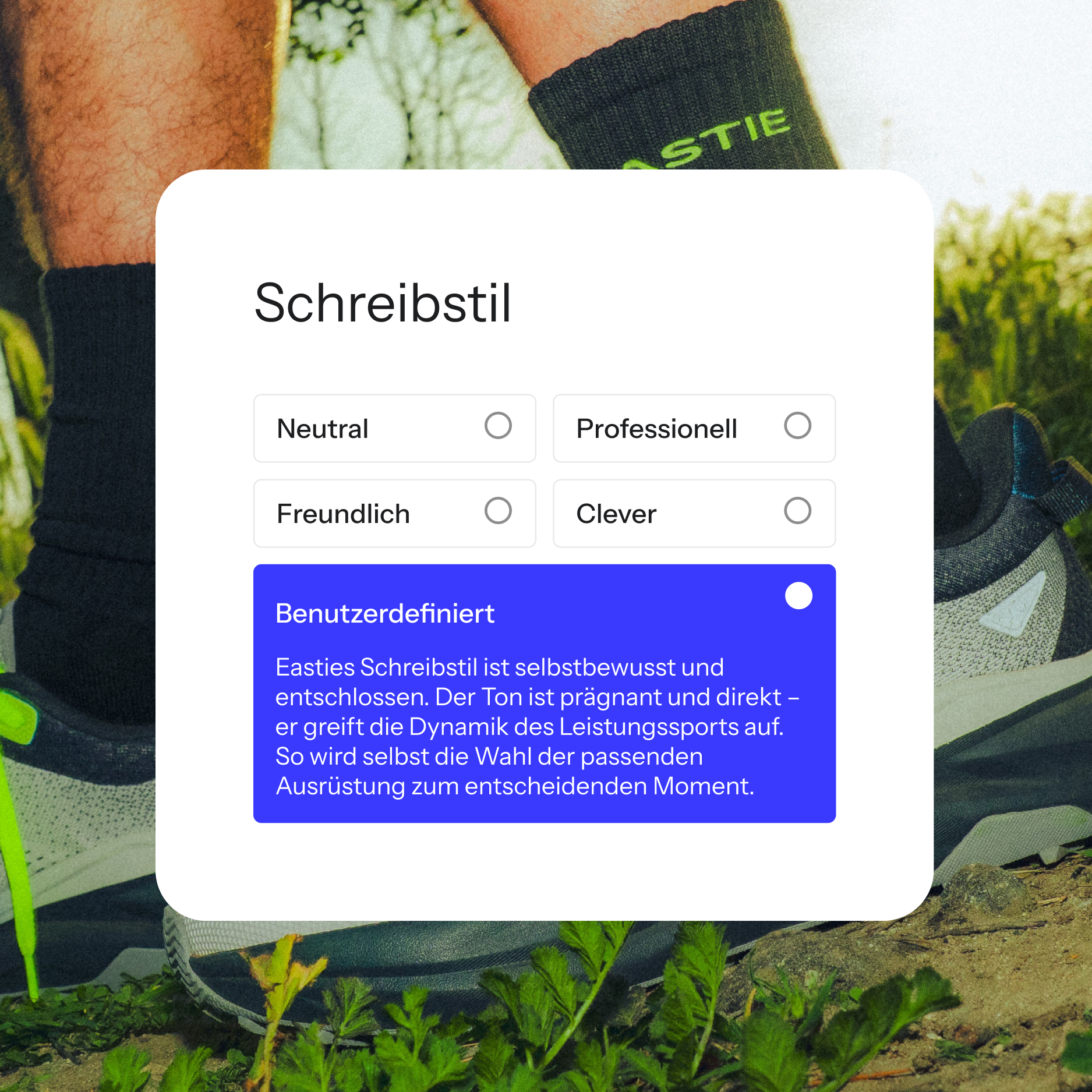 German UI pop-up for "Schreibstil" (Writing Style), with "Benutzerdefiniert" (User-defined) selected and descriptive text.
