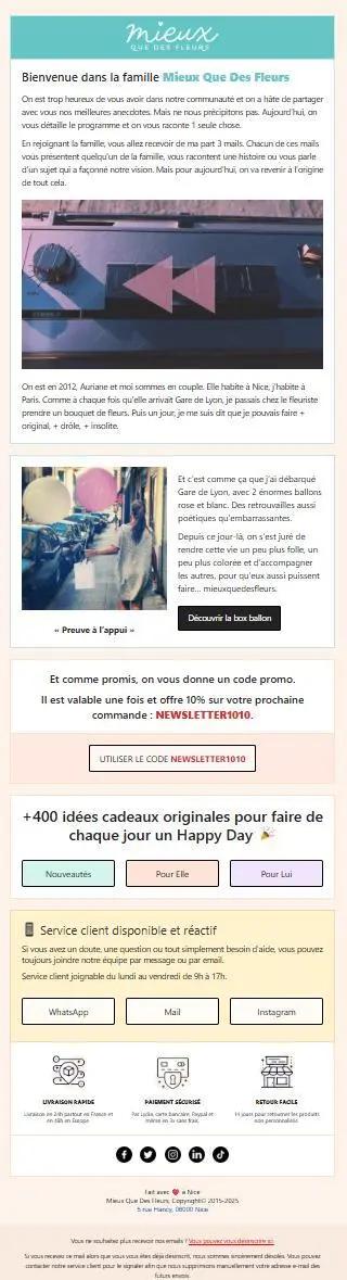 Capture du premier e-mail de bienvenue Mieux Que Des Fleurs racontant l’origine de la marque, l’histoire du couple fondateur et présentant le code promo de 10 %.