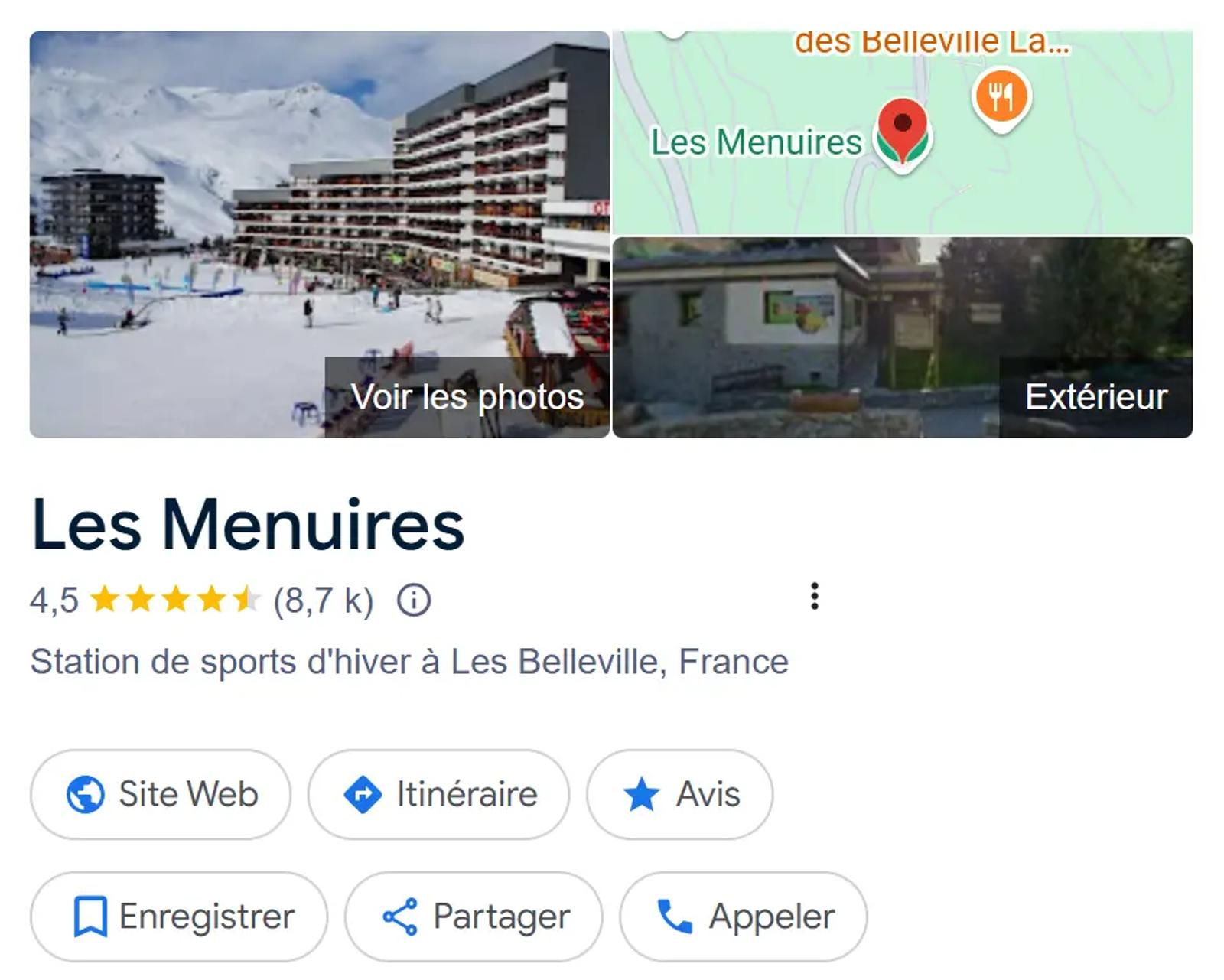 Fiche Google My Business de la station Les Menuires, avec une note de 4,5 étoiles sur 8 700 avis. Une image principale montre des bâtiments de la station au pied des pistes enneigées.