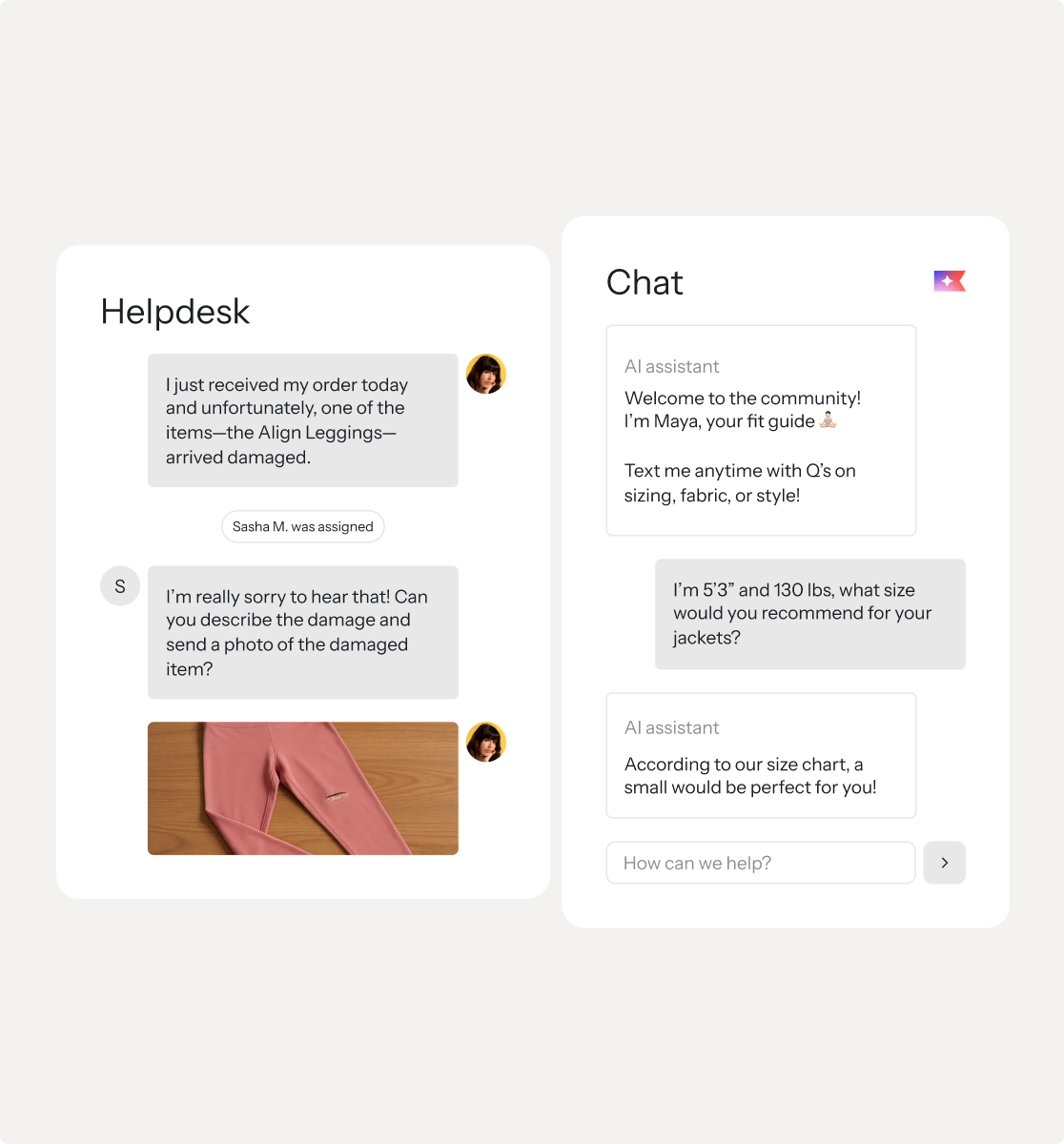 A split screen showing two customer service interactions: on the left, a helpdesk chat about damaged pink leggings with a photo of the tear; on the right, an AI chat assistant recommending a jacket size based on height and weight.
