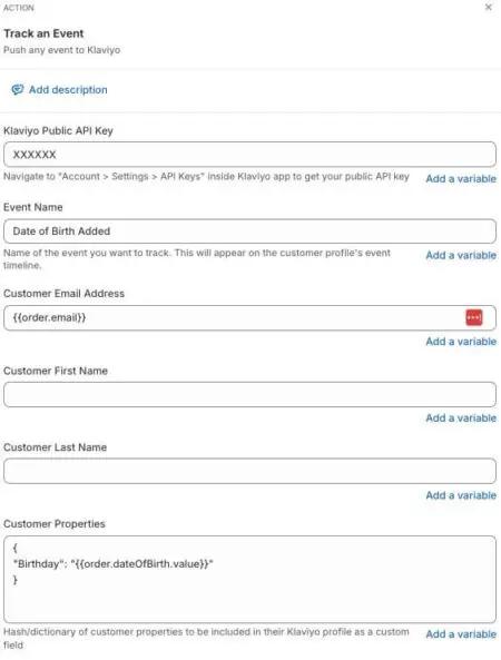 Image shows a product screen in Shopify when you are pushing an event into Klaviyo