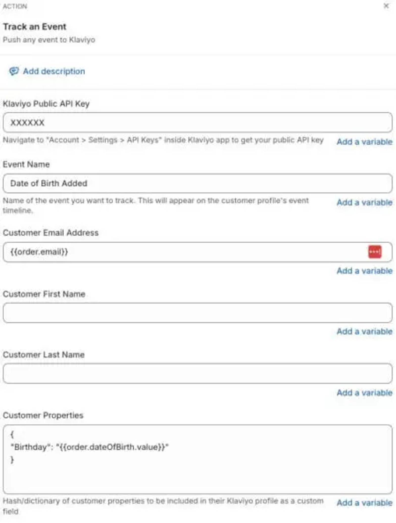 Image shows a product screen in Shopify when you are pushing an event into Klaviyo