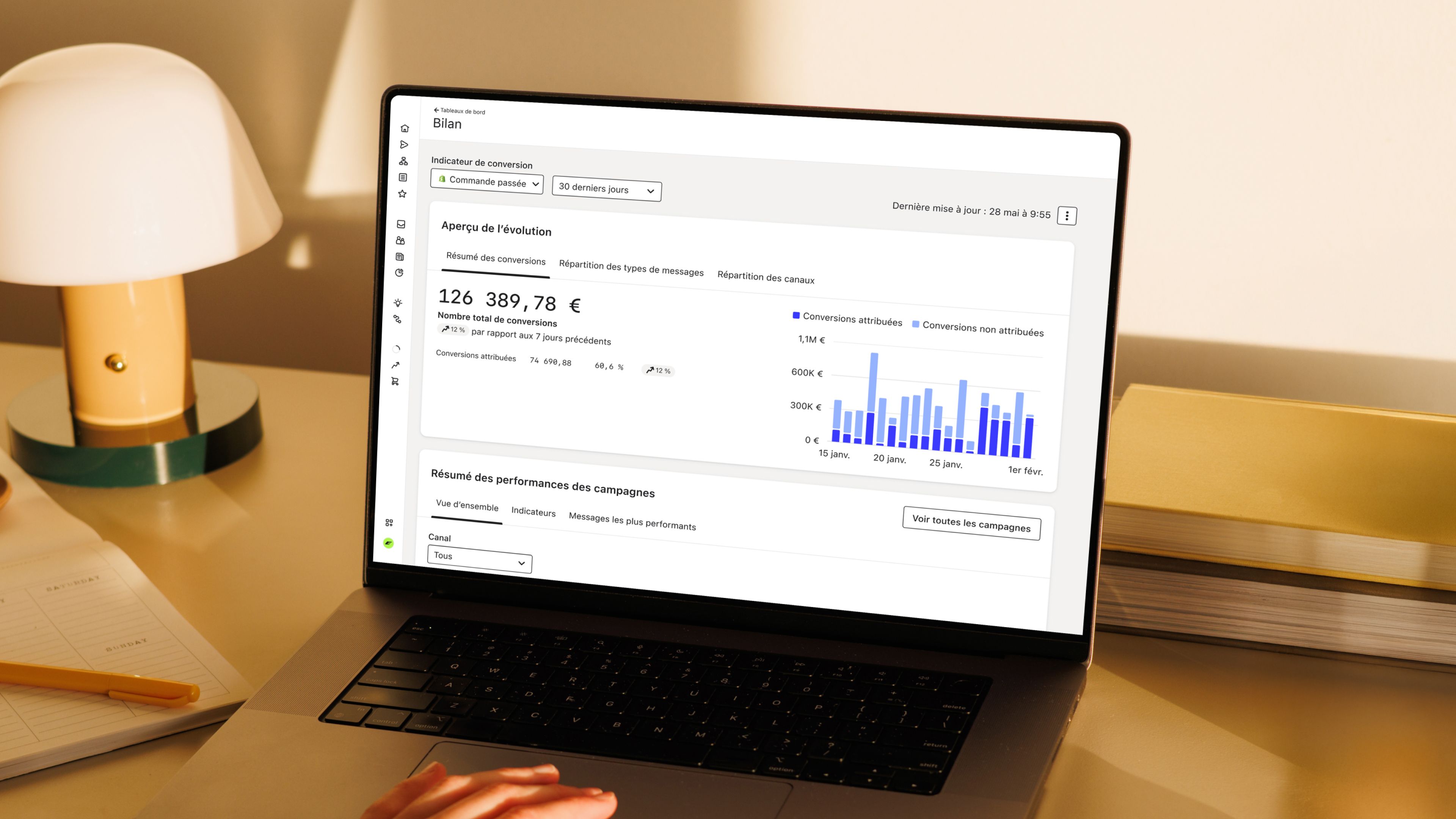 Laptop displaying a business review dashboard with conversion metrics and bar charts on a warmly lit desk.