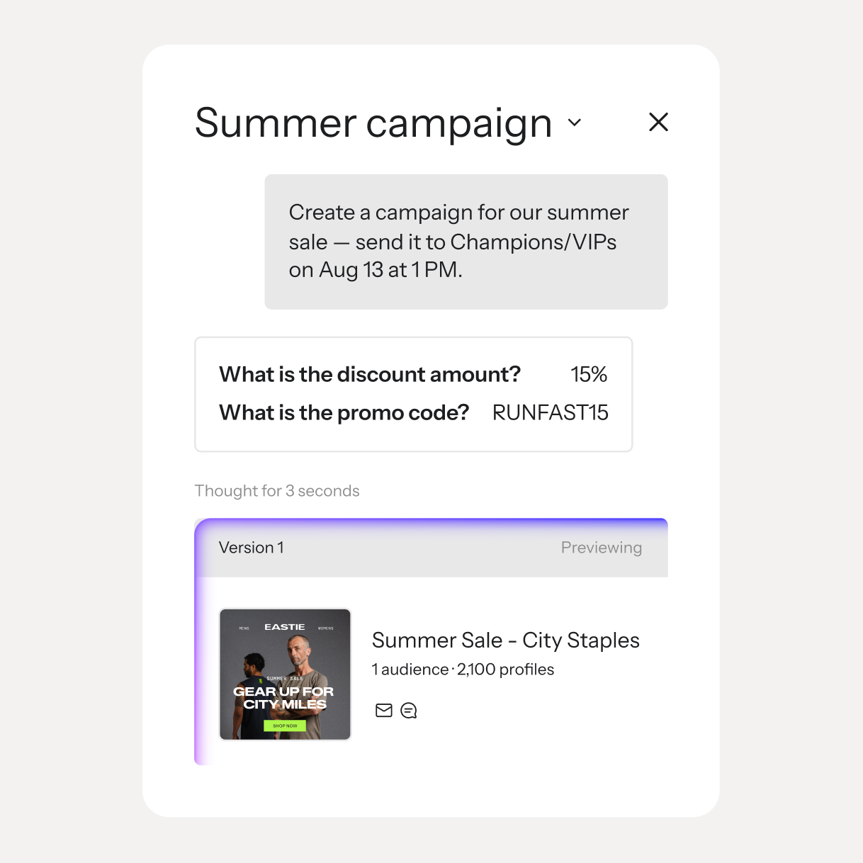 Summer campaign builder showing a 15% RUNFAST15 promo and a preview for the City Staples summer sale.