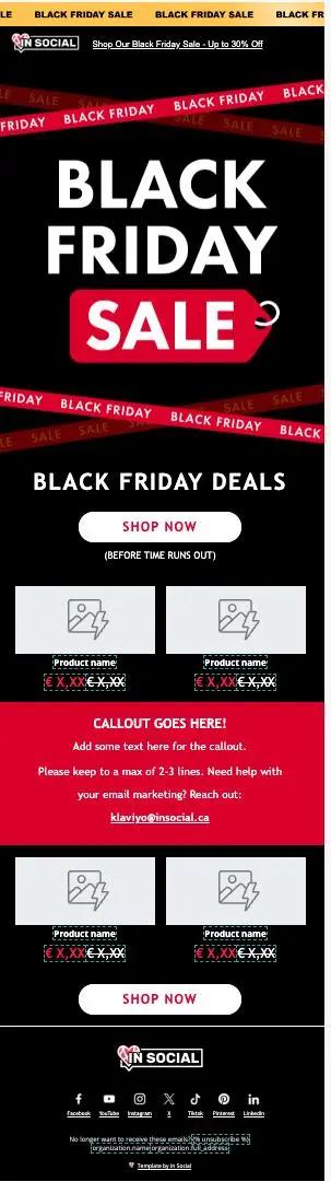 Black Friday Sale E-Mail-Vorlage mit Angeboten, Call-to-Action-Buttons und Platzhaltern für Produktbilder und Preise.