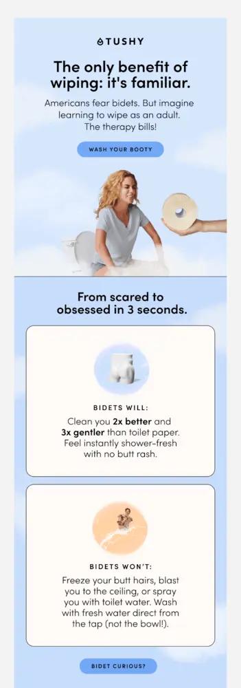 Image shows an email with a hero image of a person with light pink hair sitting on a toilet, while a hand from the right side of the screen hands them a roll of toilet paper. Following the image are two educational panels with an image of a buttocks statue and a person riding on top of a stream of water against a pastel orange background.