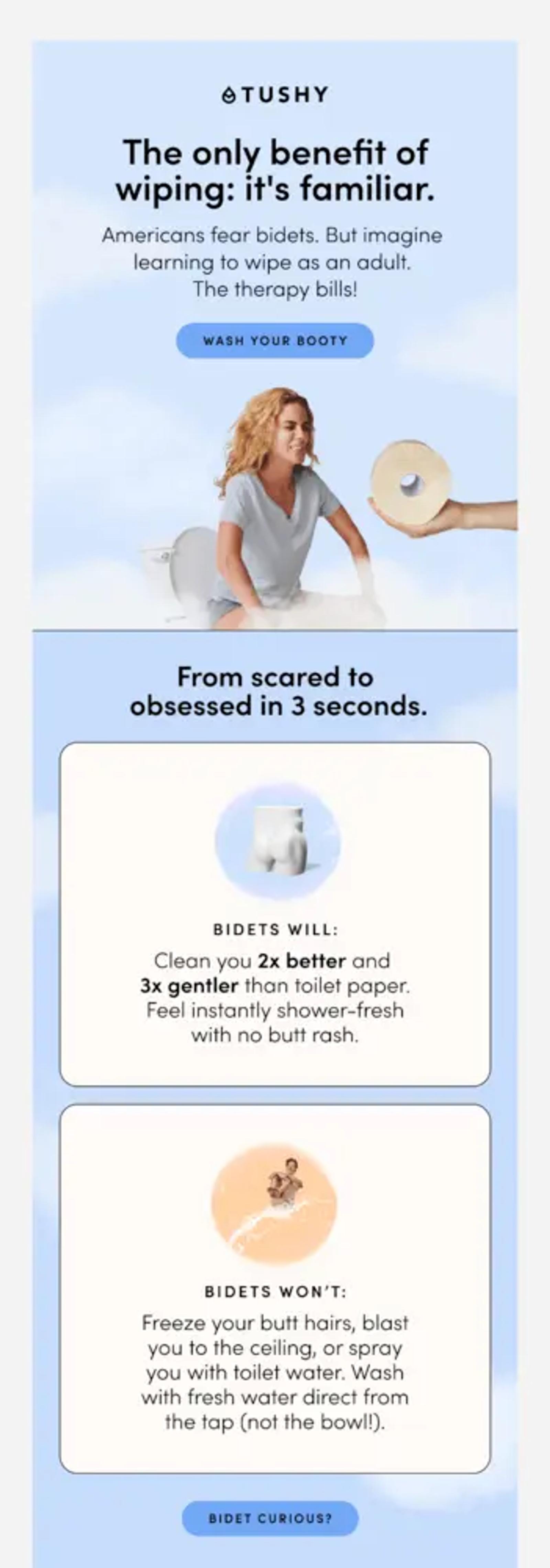 Image shows an email with a hero image of a person with light pink hair sitting on a toilet, while a hand from the right side of the screen hands them a roll of toilet paper. Following the image are two educational panels with an image of a buttocks statue and a person riding on top of a stream of water against a pastel orange background.