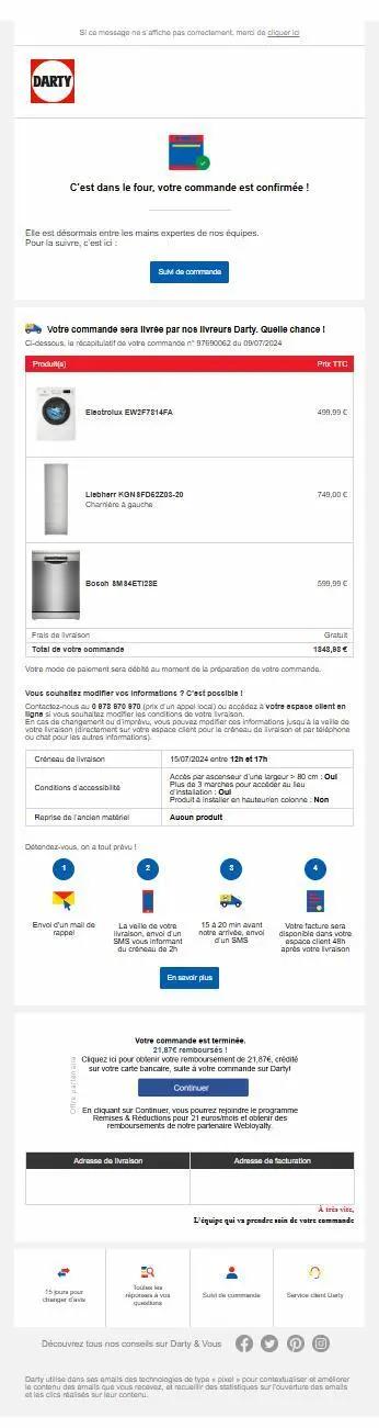 E-mail de confirmation de commande Darty, avec facture détaillée, liste des produits achetés, prix total, conditions de livraison, informations logistiques, et liens vers le suivi de commande et la facture.