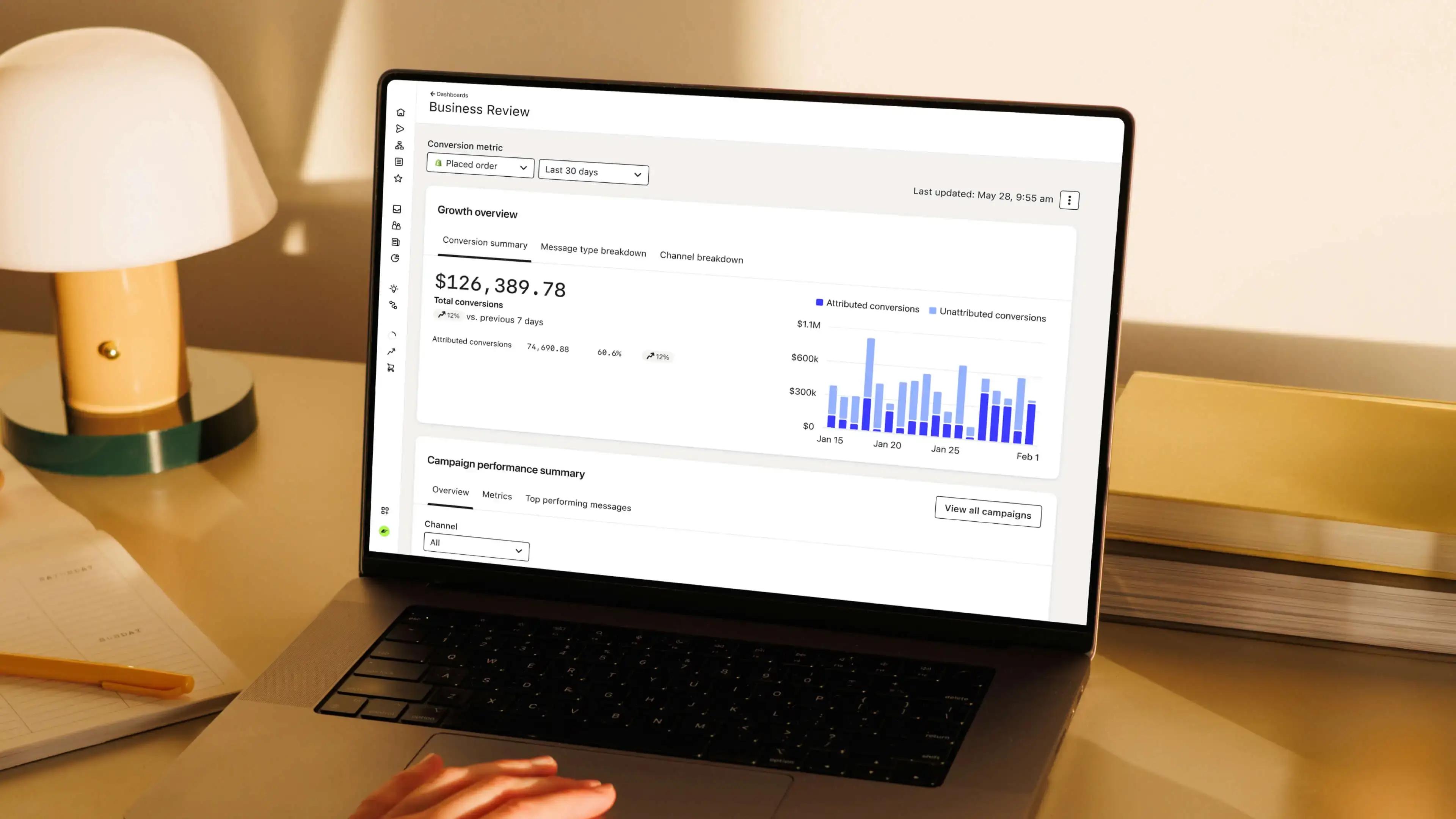 Laptop displaying a business review dashboard with conversion metrics and bar charts on a warmly lit desk.