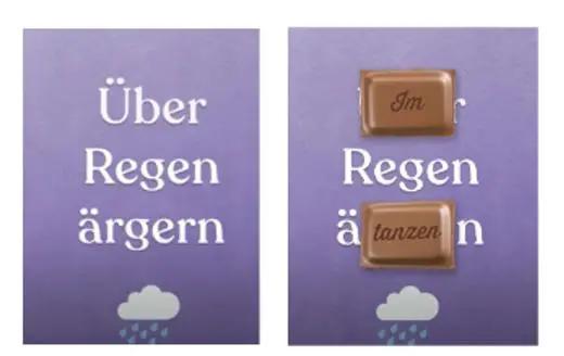 Zwei Tafeln mit der Aufschrift "Über Regen ärgern" und "Im Regen tanzen" auf lila Hintergrund mit Regenwolke.
