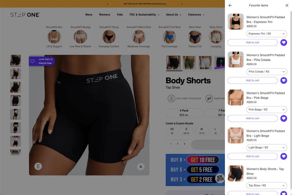 Image shows the homescreen of a customer shopping on StepOne, with the products they've favorited on the right. 