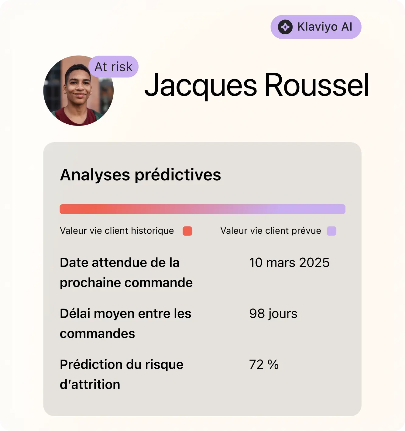 AI-predicted profile properties, including customer lifetime value (CLV), next order date, and churn risk prediction.