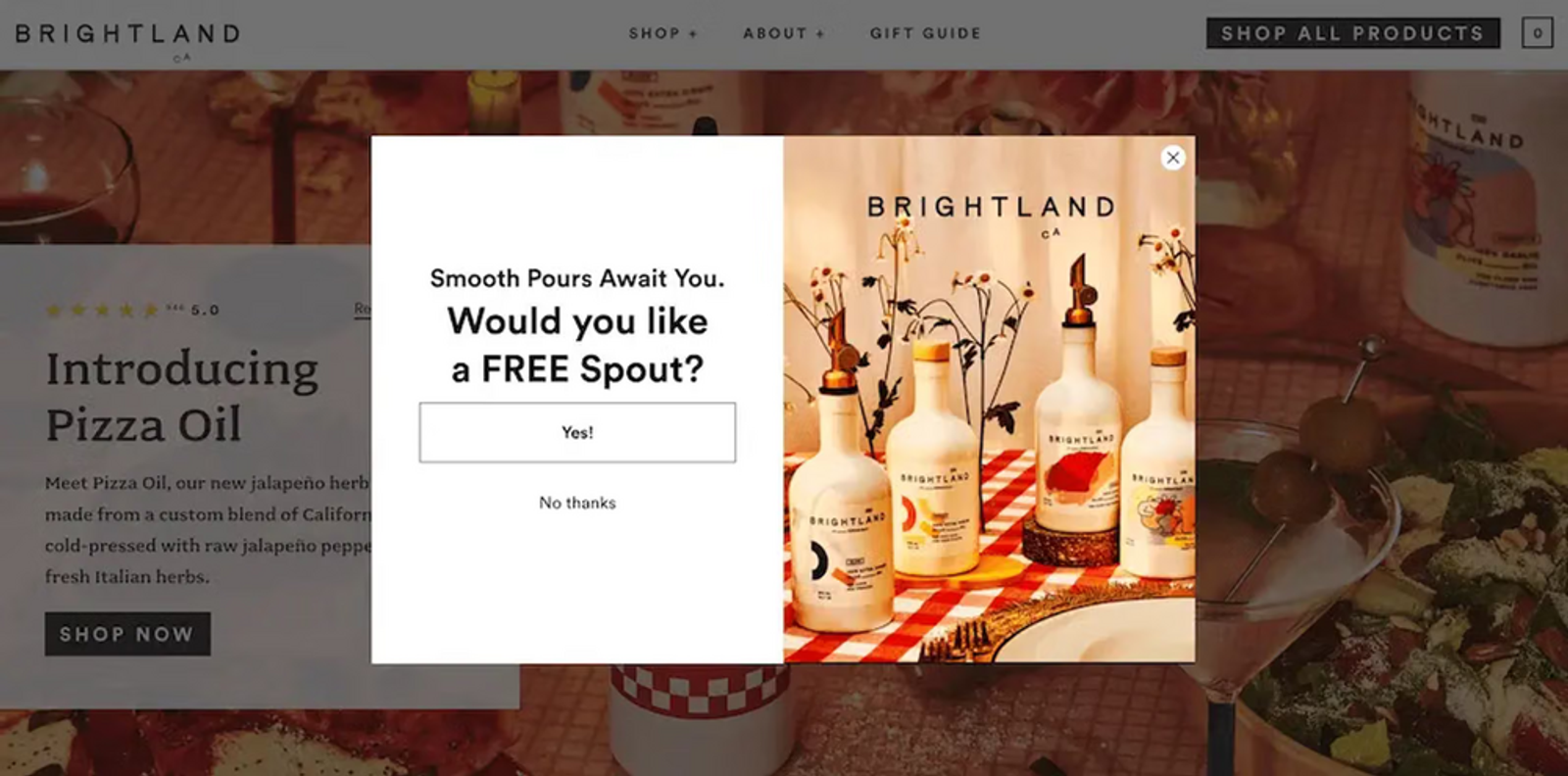 Image shows first page of a multi-step sign-up form from Brightland, which offers a free spout in exchange for the visitor’s contact information. On the right is a product shot of 4 bottles of white Brightland olive oil, two of which have wooden caps and two of which have brass spouts attached to the top of them. The bottles are sitting on a table with a red and white picnic tablecloth on it, with a brass-colored plate and two forks in the foreground.
