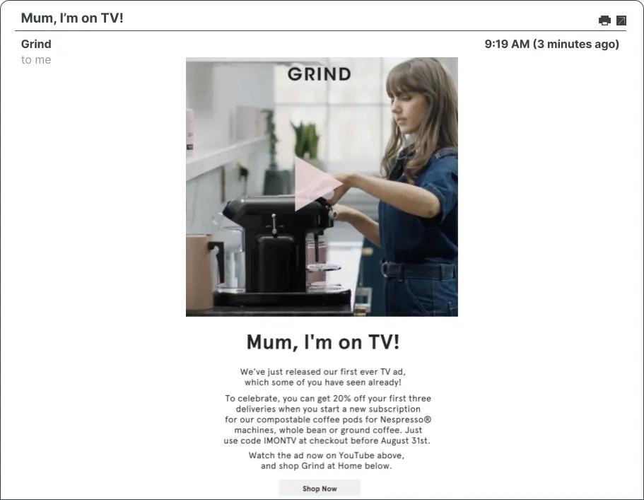 Captura de pantalla de una campaña de correo electrónico de Grind.