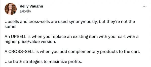 Image shows a Tweet describing the difference between cross-selling and up-selling.