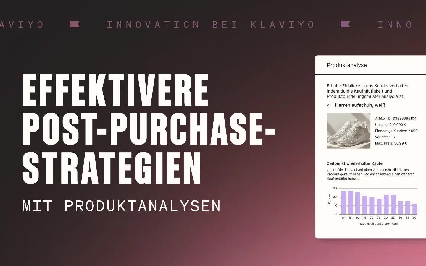 Produktauswertungs-Schnittstelle vor einem Hintergrund mit Farbverlauf und Text-Overlay „Effektivere Post-Purchase-Strategien durch Produktauswertungen“
