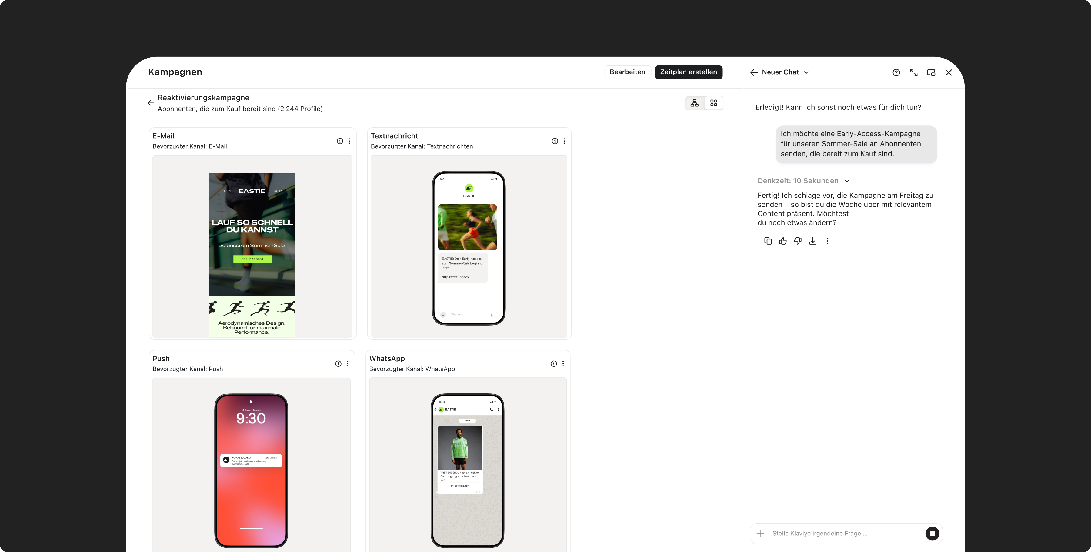 Marketing campaign creation software with AI assistance, displaying previews for email, SMS, push, and WhatsApp messages.