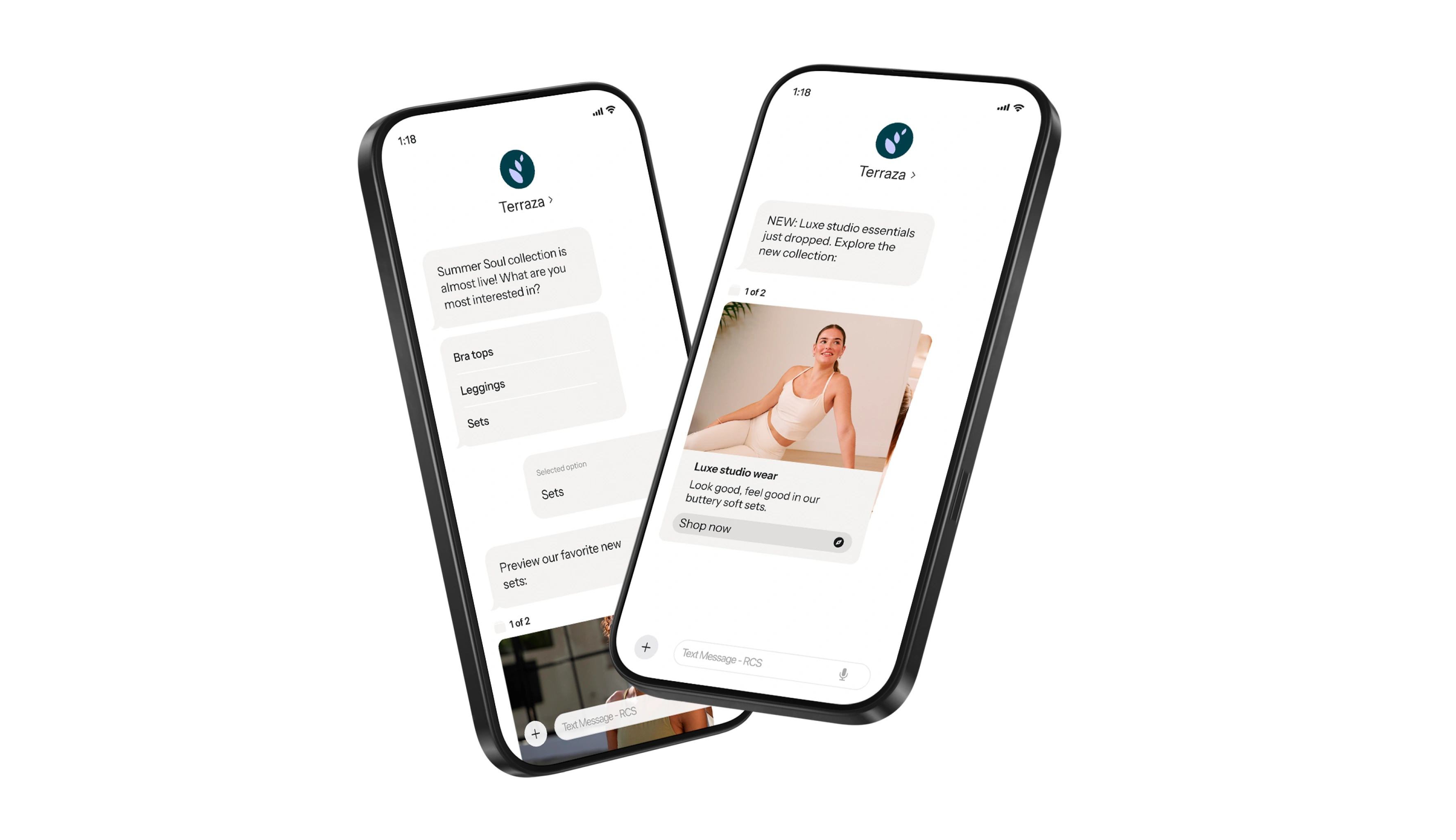 Two smartphones display Terraza shopping messages, a product poll, and a studio wear promotion.