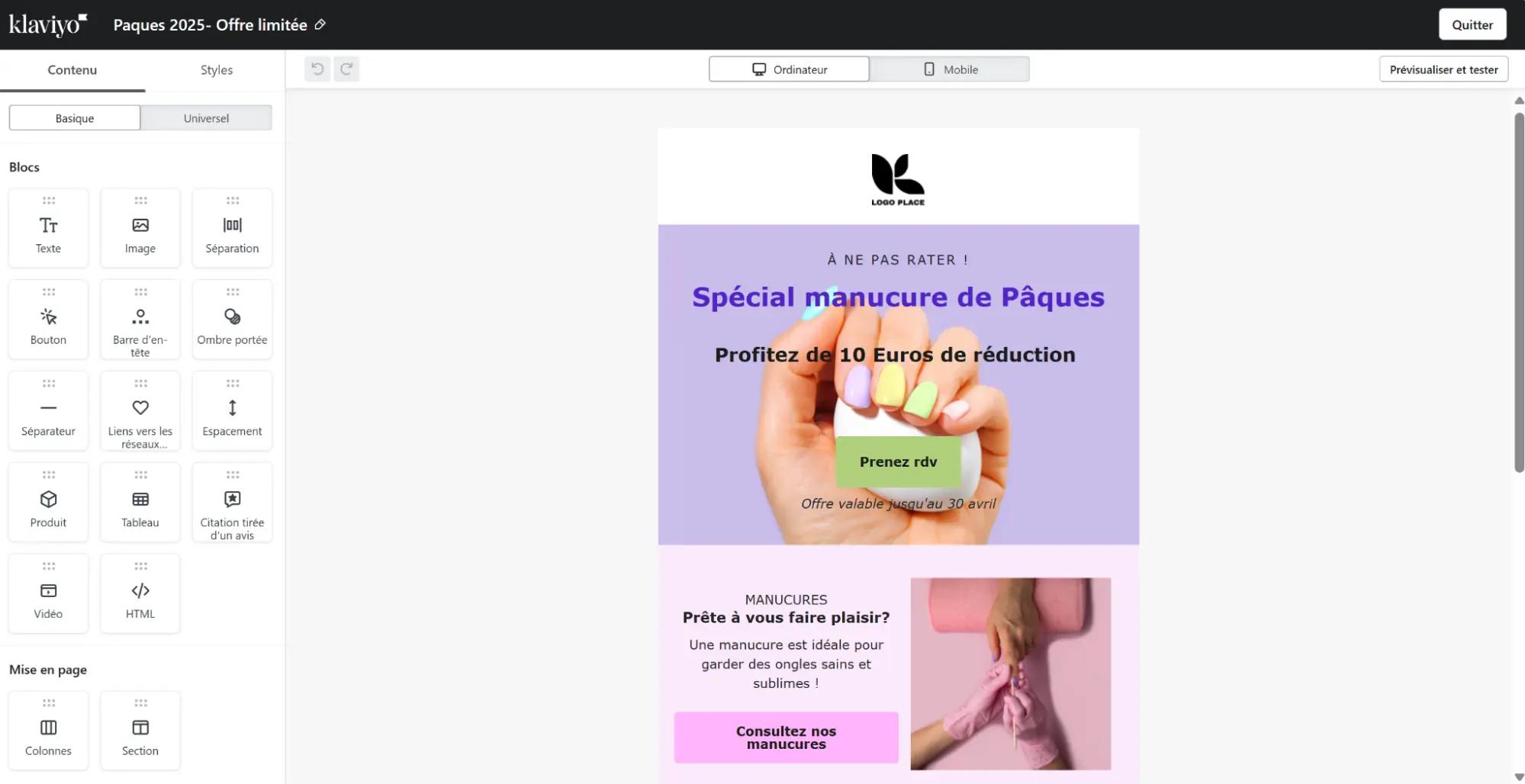 Interface de l’éditeur Klaviyo montrant une newsletter en cours de conception avec une offre spéciale pour une manucure de Pâques. Options de personnalisation visibles sur la gauche.