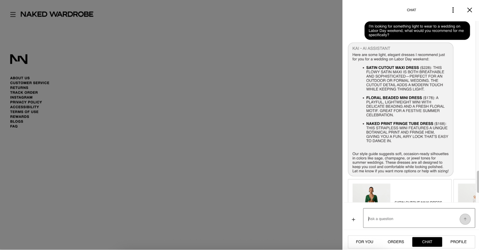 AI assistant on a fashion website recommends wedding attire for a Labor Day weekend wedding, listing specific dress options and a style guide.
