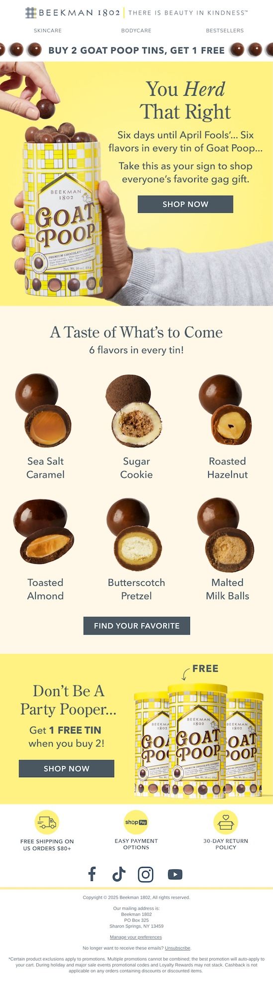 Image shows an email from Beekman 1802 promoting chocolate products humorously named 'Goat Poop' as an April Fools' Day joke product launch and highlighting the 6 different flavors of the chocolates.