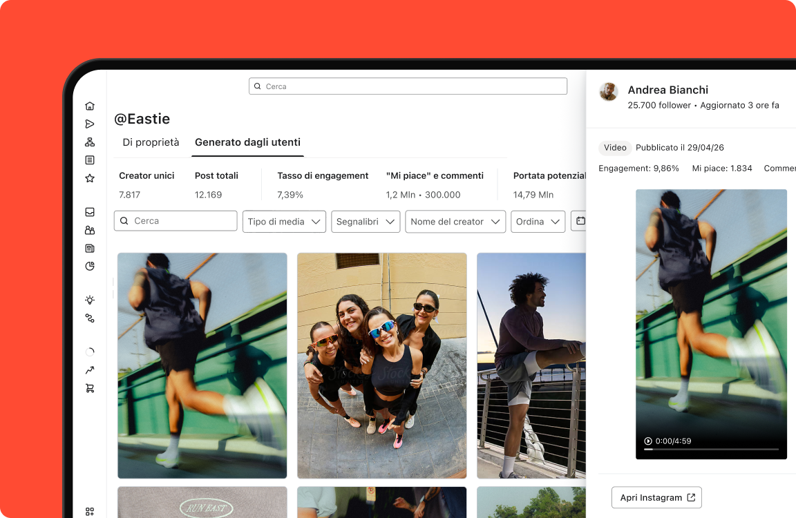 A social media dashboard for user-generated content, displaying engagement metrics, filters, and a grid of various posts, with a detailed video of a runner on the right.