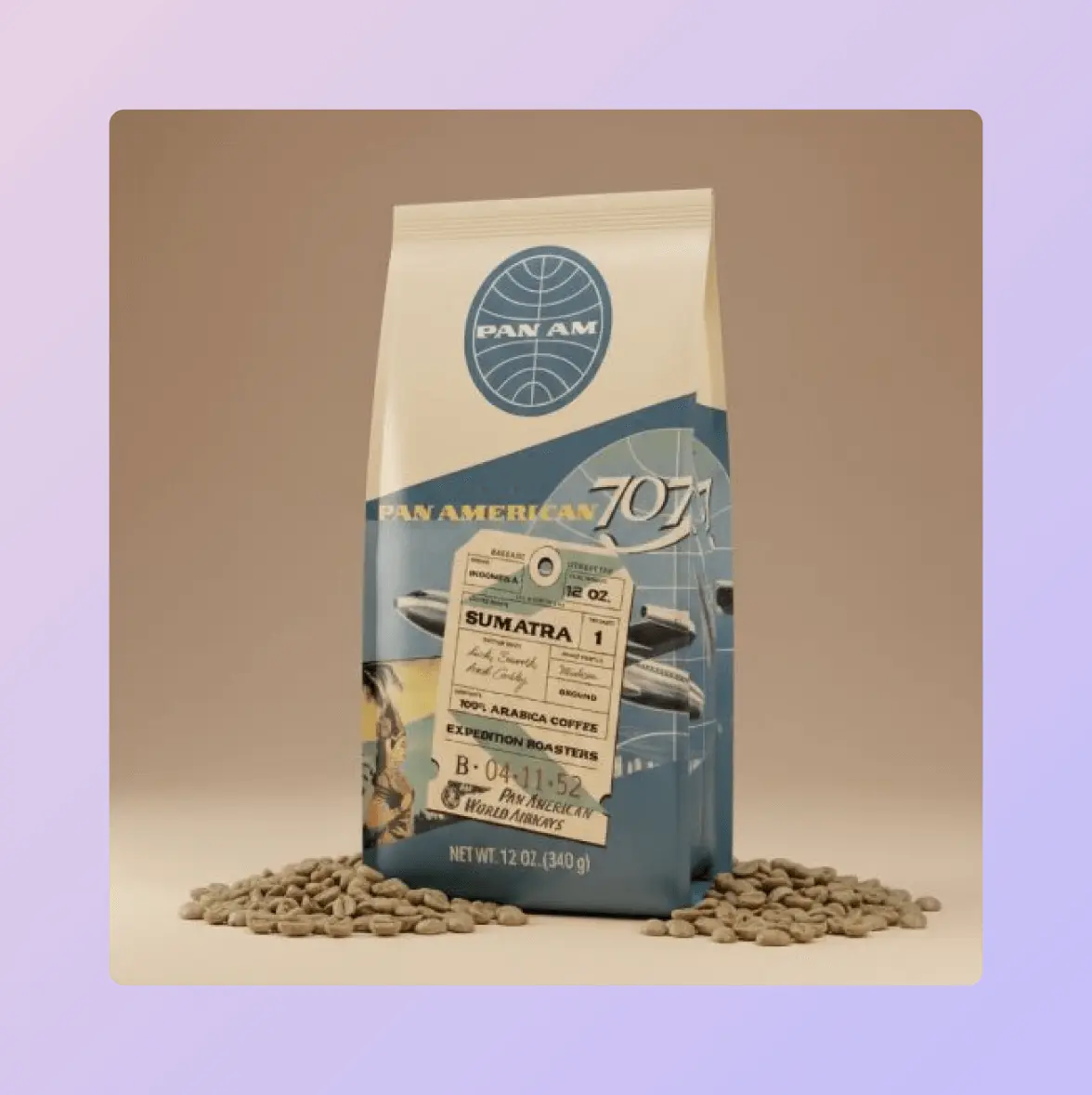 Bag of Pan Am branded coffee labeled "Sumatra" with coffee beans scattered around.