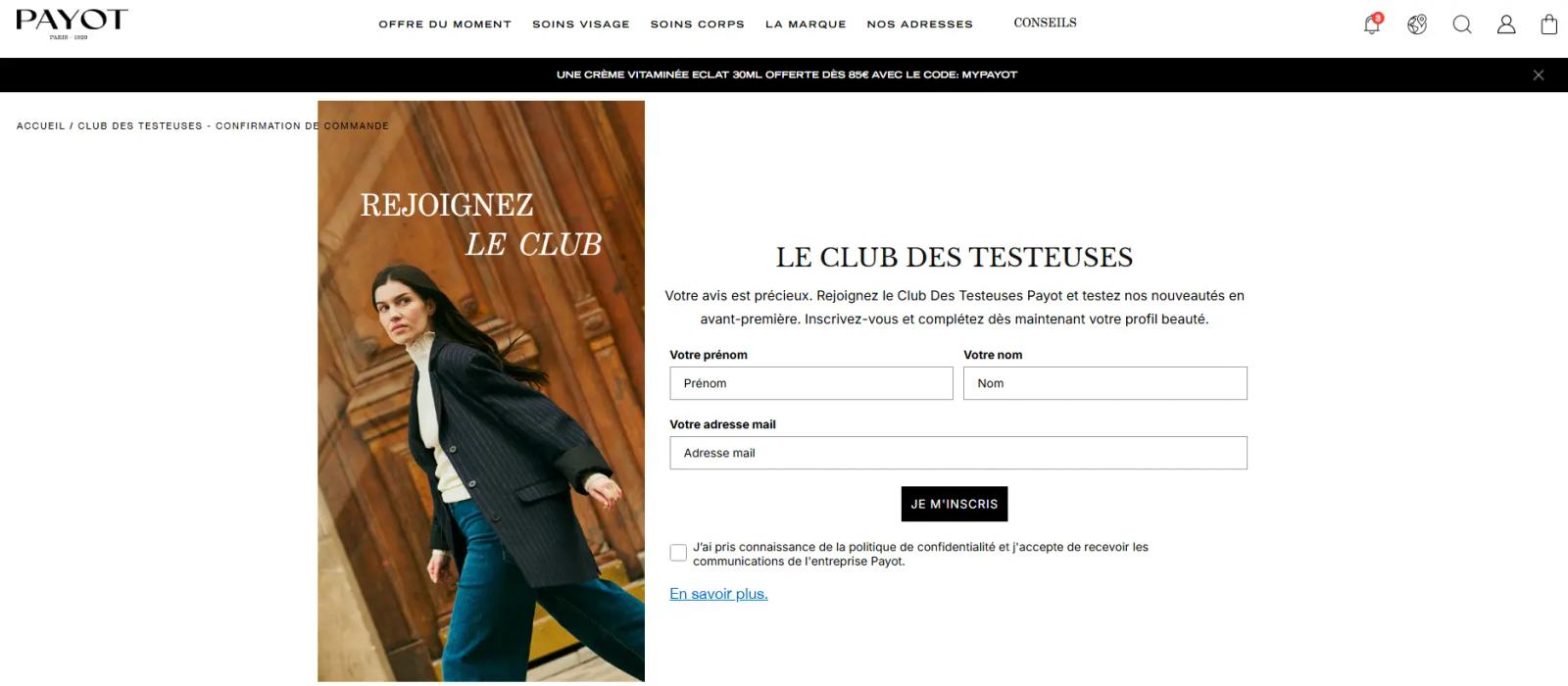 Formulaire d’inscription au Club des Testeuses Payot permettant de collecter les informations clients et de déclencher un e-mail de bienvenue personnalisé