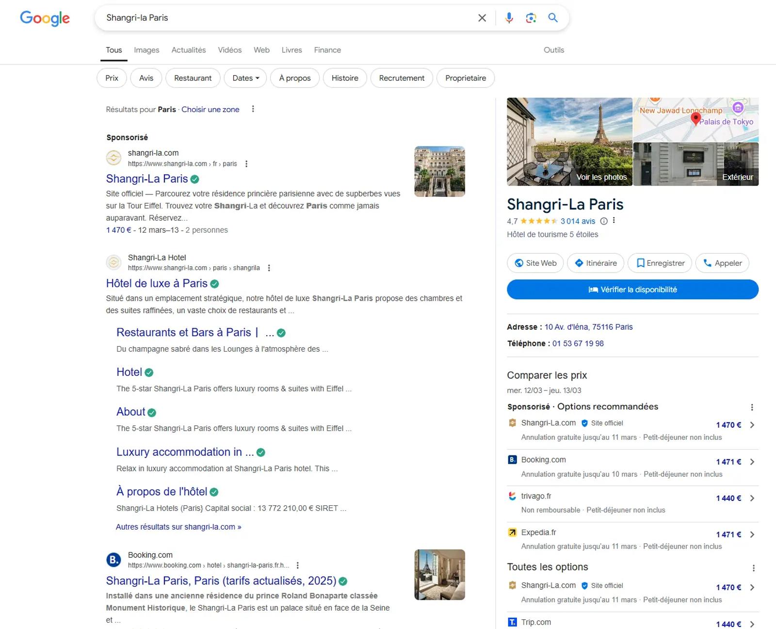 Résultats de recherche de l'hôtel Shangri-La dans Google