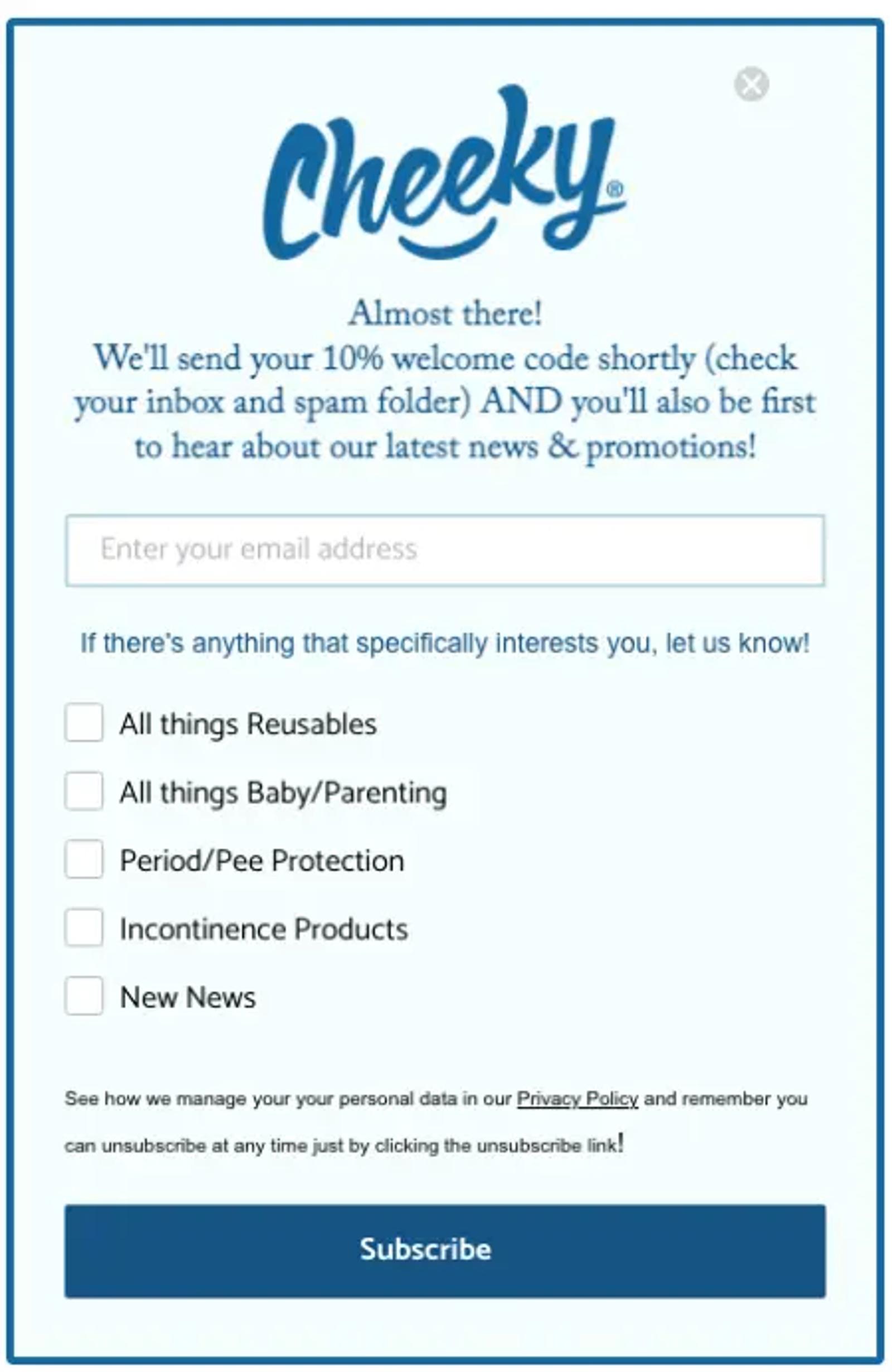 Image shows an email pop-up from Cheeky Wipes that asks new subscribers to check a box next to the types of products they want to know about.