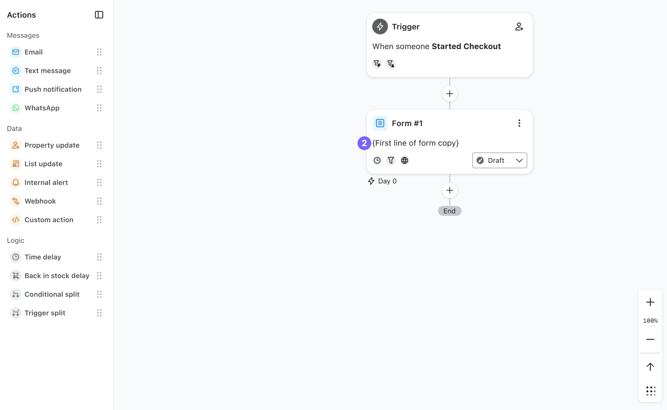 A marketing automation workflow builder interface with a left panel listing actions like Email and WhatsApp, and a right panel showing a "Started Checkout" trigger connected to "Form #1".