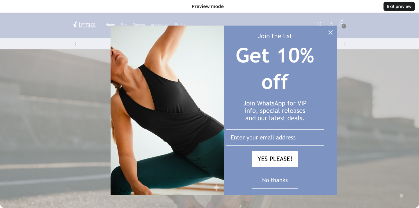 Website preview showing a pop-up offering 10% off for email sign-up, with a blurred image of a woman doing yoga in the background.