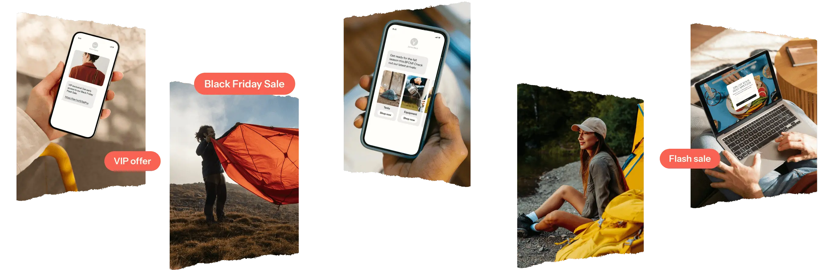 Collage of shopping-related images: a phone with a VIP offer, a person with a red tent, another phone with sale items, a woman outdoors, and a laptop with a flash sale.