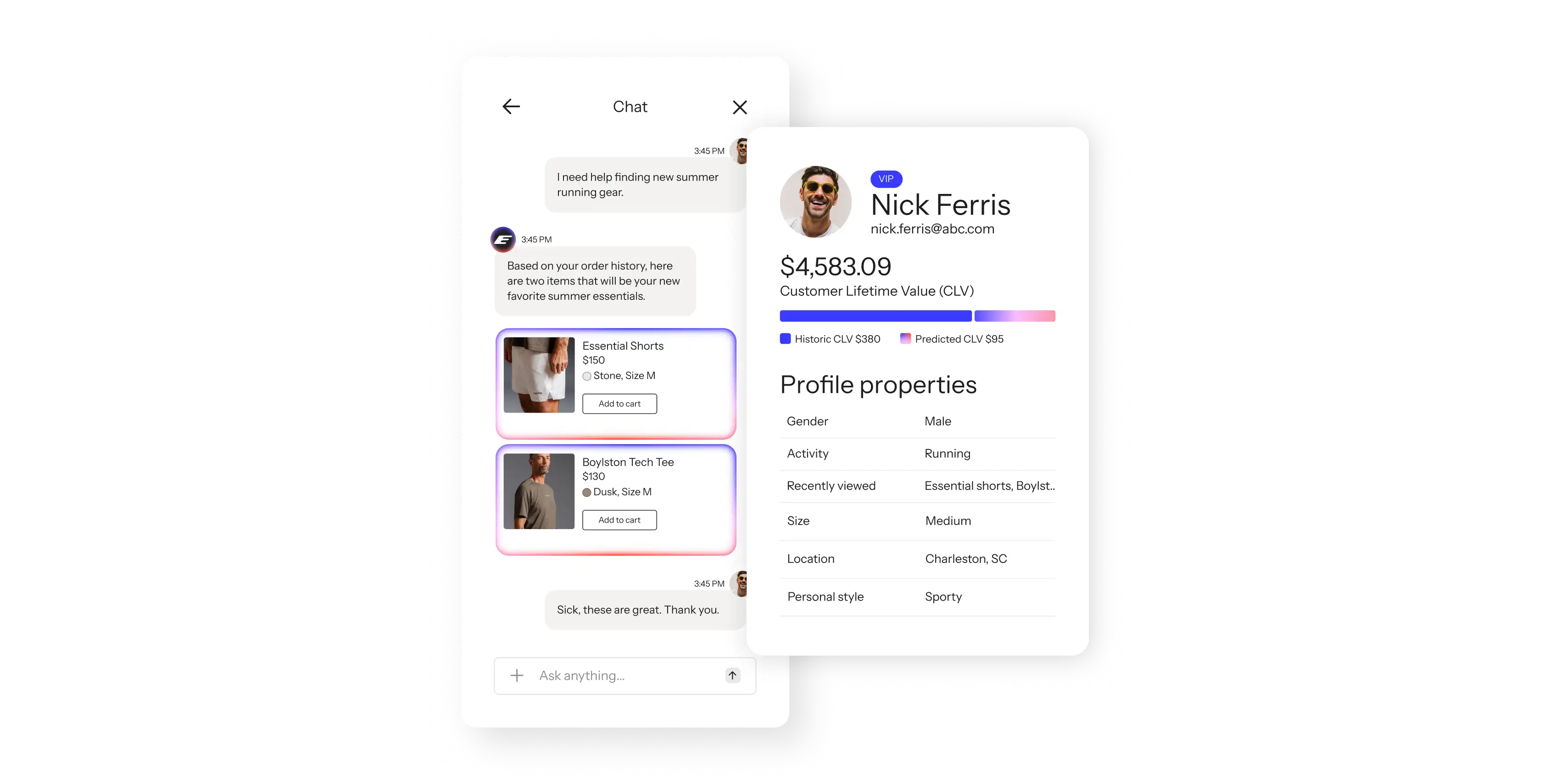 Shopping chat recommends summer clothing beside a customer profile showing lifetime value and preferences.