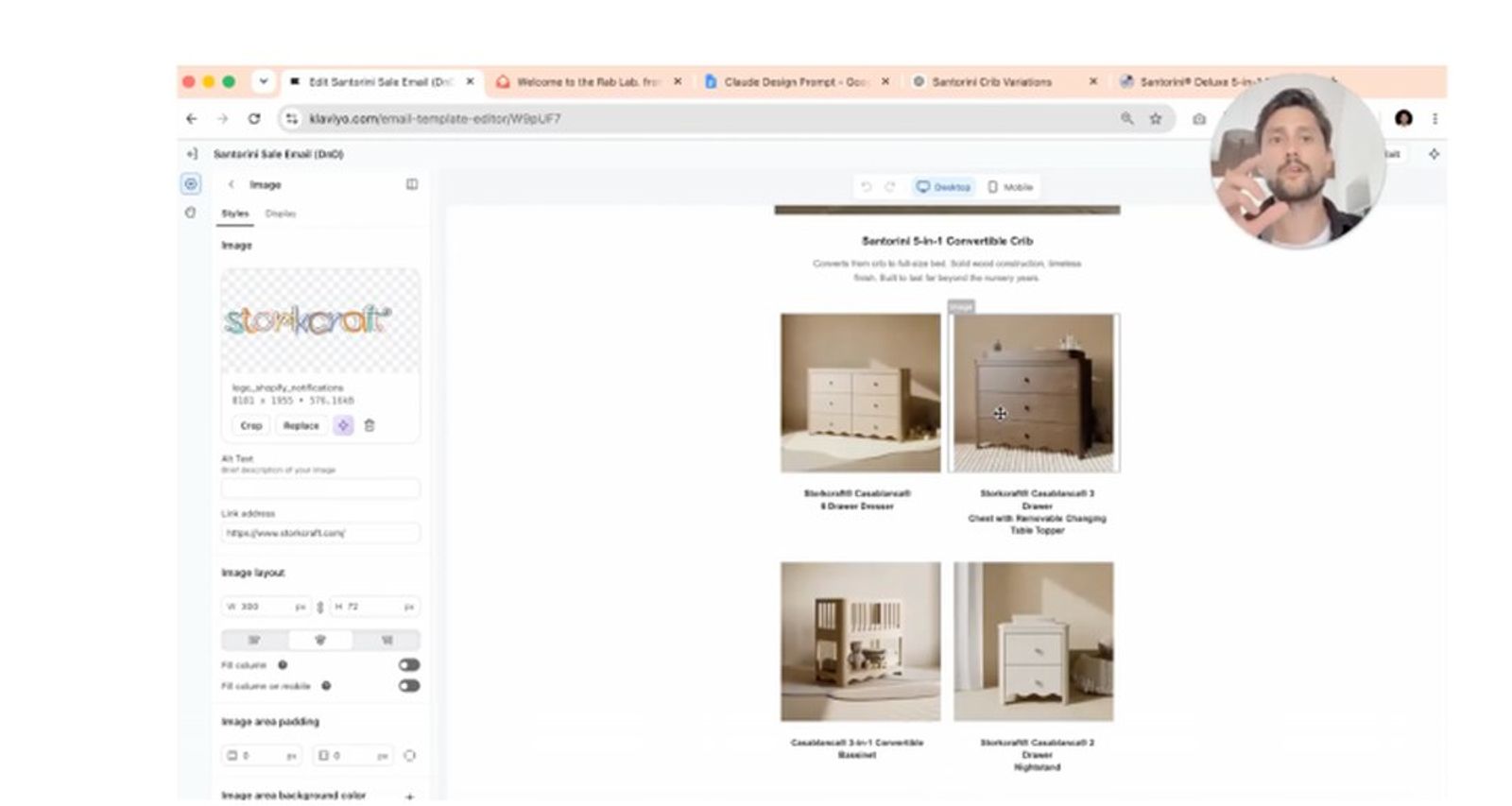 A man editing an email template in a browser, with an image editor on the left, a preview of furniture products on the right, and his video feed in the corner.
