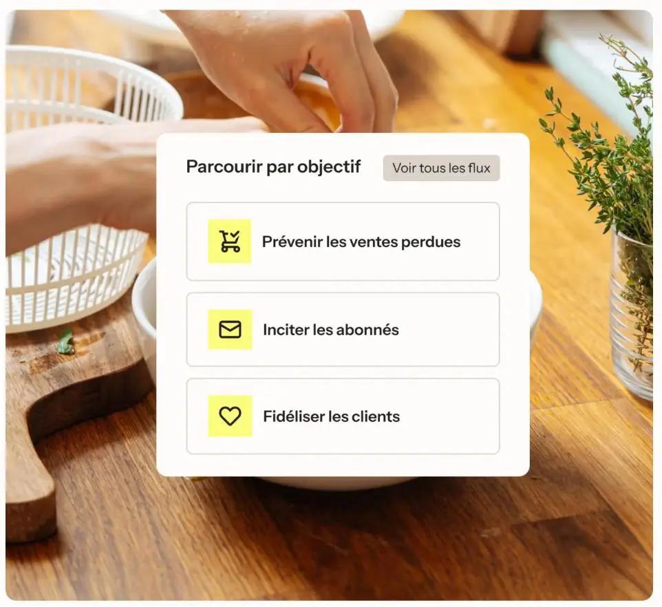 Interface Klaviyo avec options : "Prévenir les ventes perdues", "Inciter les abonnés", "Fidéliser les clients" sur fond de cuisine.