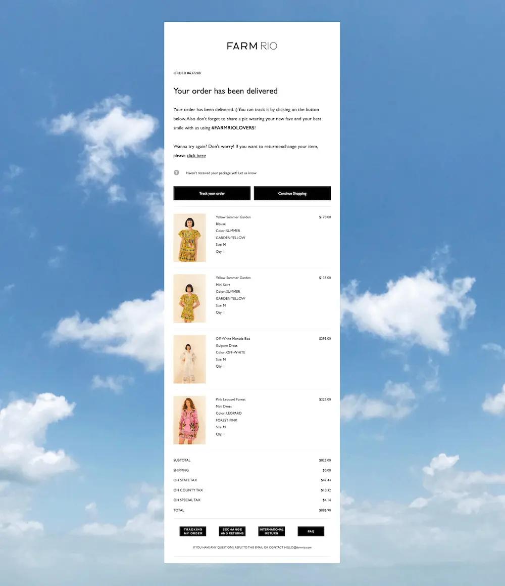 Image shows an email from Farm Rio confirming delivery