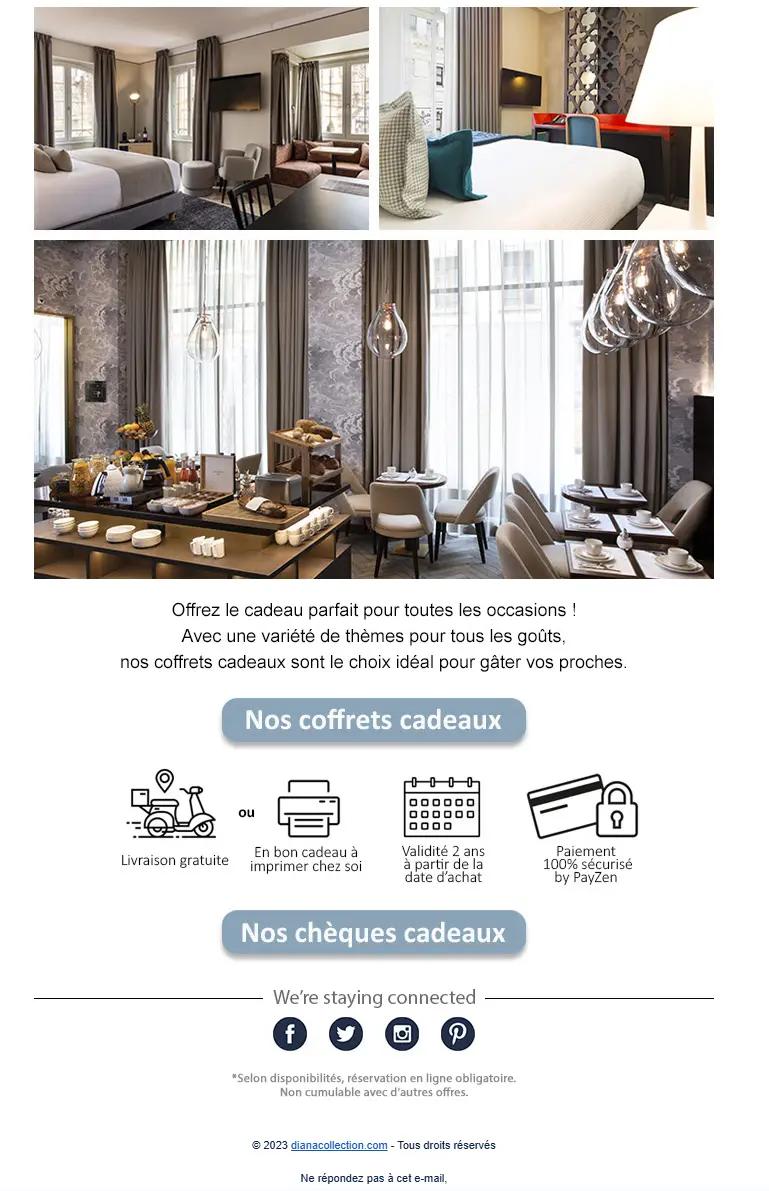 Newsletter d'un hôtel de luxe avec des images de chambres élégantes et d’un buffet petit-déjeuner. Offre de coffrets cadeaux et chèques cadeaux avec pictogrammes expliquant les avantages.
