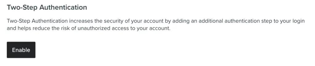 Image shows the screen where a user can enable two-factor authentication in a Klaviyo account.