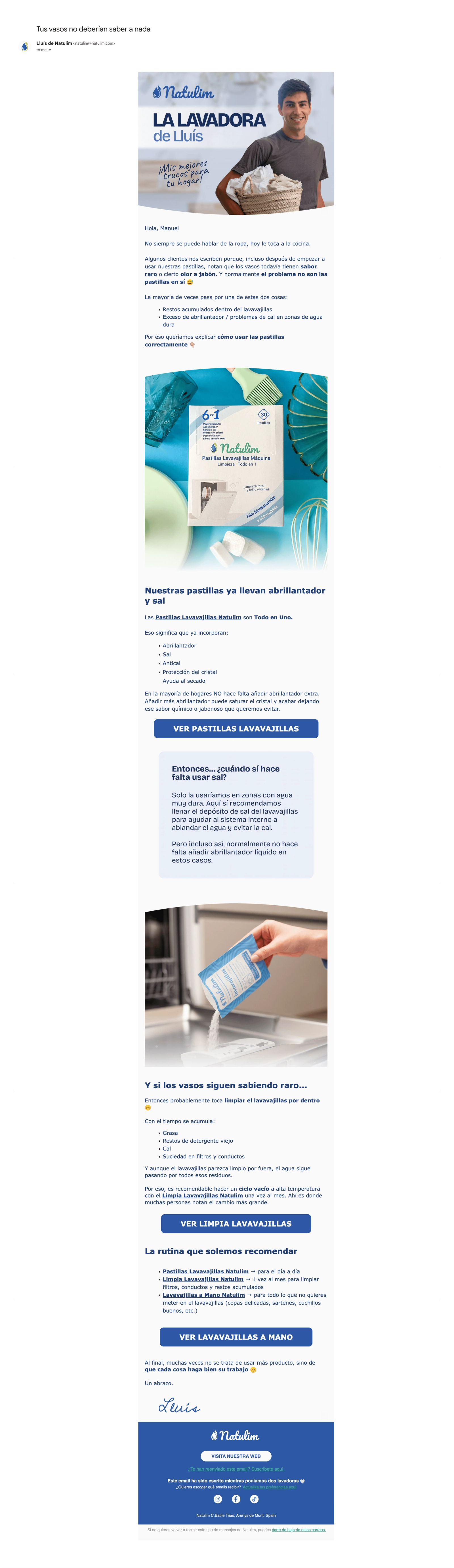 Captura de un email personalizado de Natulim firmado por Lluís, con consejos sobre el uso adecuado de las pastillas lavavajillas y venta cruzada de productos de limpieza ecológicos.
