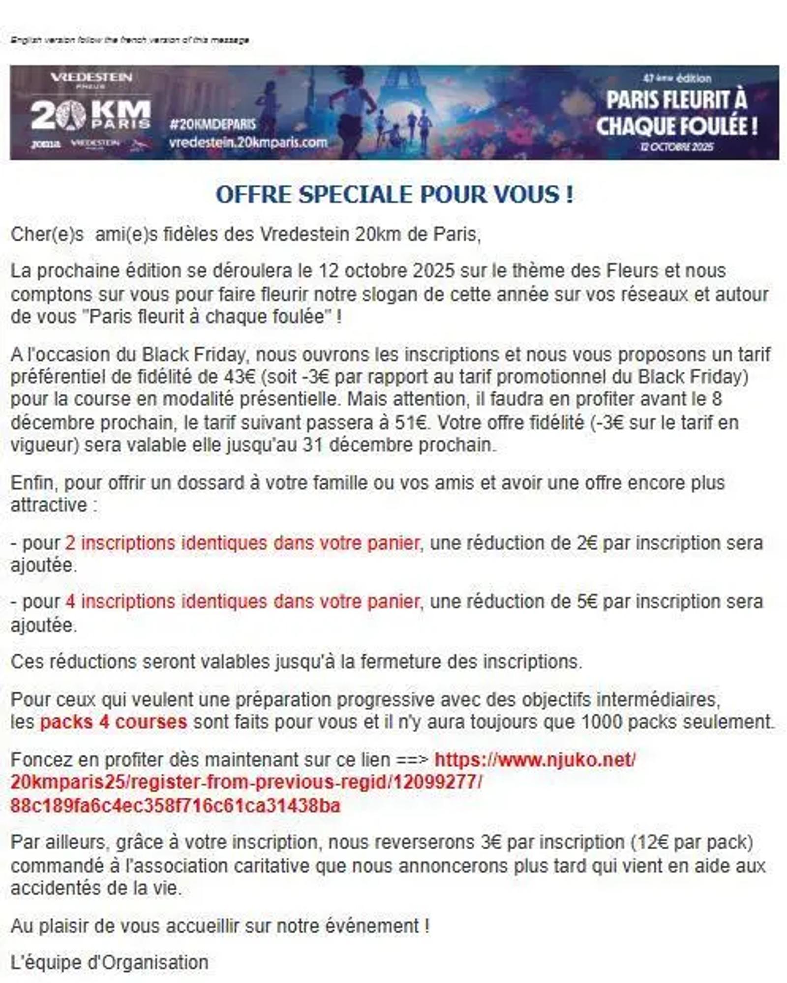 Newsletter des 20 km de Paris proposant une réduction spéciale Black Friday sur les frais d’inscription, avec des offres groupées et un appel à soutenir une association.