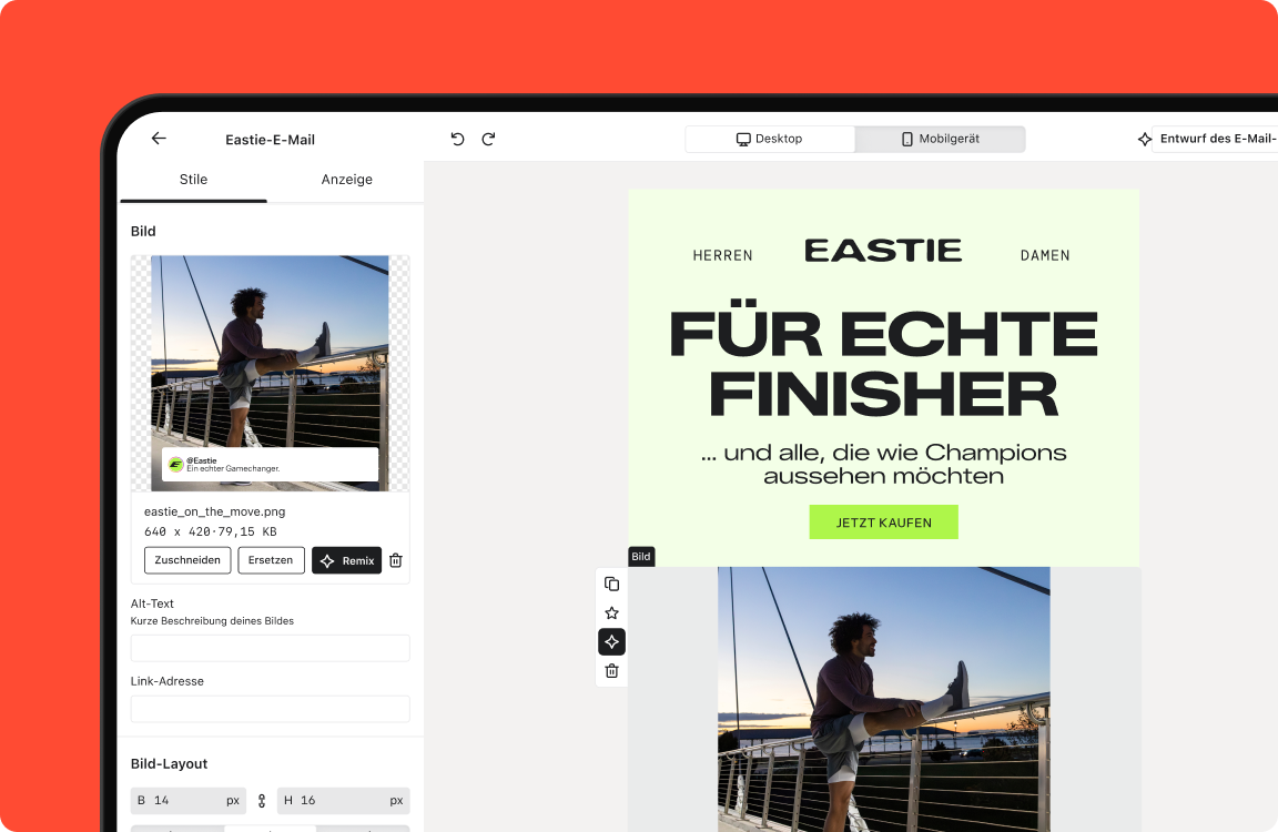 Email editor displaying an Eastie marketing email featuring a man stretching.