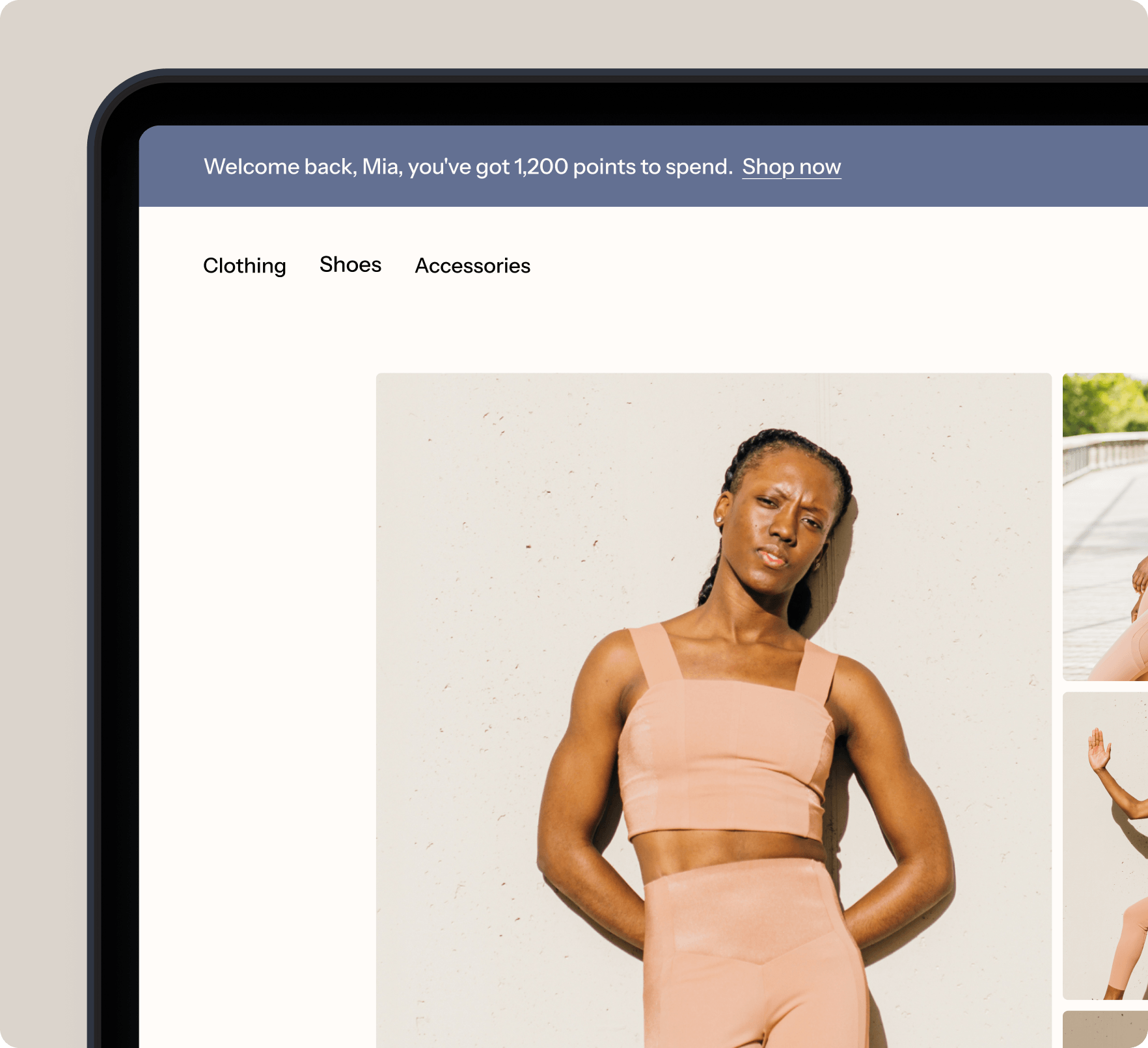 Customer Hub personalizes an apparel brand's site experience for a shopper, showing that they have 1,200 points to spend.