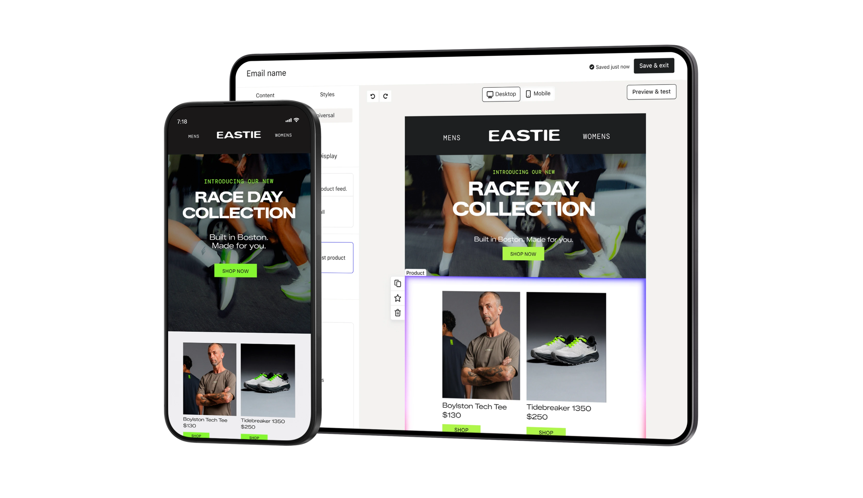Email editor displaying a sportswear campaign preview on desktop and mobile screens